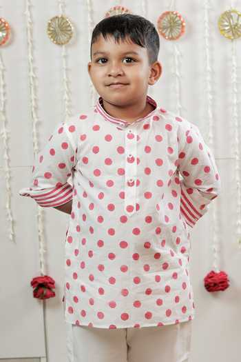 Tiny Colour_White Cotton, Poplin Polka Dot Print Kurta Set _Online_at_Aza_Fashions