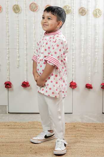Shop_Tiny Colour_White Cotton, Poplin Polka Dot Print Kurta Set _Online_at_Aza_Fashions