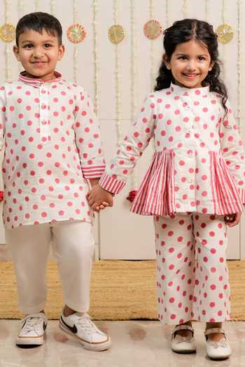 Tiny Colour_White Cotton, Poplin Polka Dot Print Kurta Set _at_Aza_Fashions