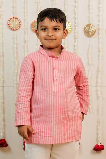 Tiny Colour_Pink Cotton, Cambric, Poplin Hand Block Print Kurta Set _Online_at_Aza_Fashions