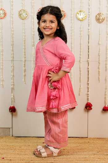 Tiny Colour_Pink Cotton, Georgette, Cambric Embellished Angrakha And Pant Set _Online_at_Aza_Fashions