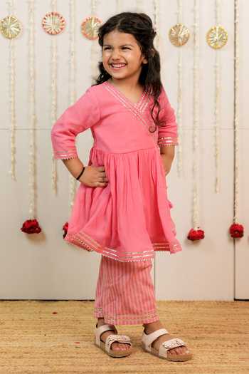 Buy_Tiny Colour_Pink Cotton, Georgette, Cambric Embellished Angrakha And Pant Set _Online_at_Aza_Fashions