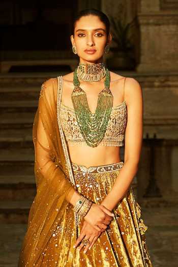 MATSYA Yellow Velvet Sweetheart Neck Burnt Sunset Green Winged Lehenga Set Online at Aza Fashions MATSYA_Yellow Velvet Sweetheart Neck Burnt Sunset Green Winged Lehenga Set _Online_at_Aza_Fashions