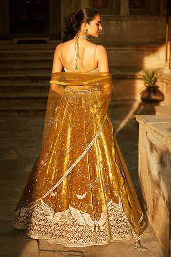 MATSYA Burnt Sunset Green Velvet Winged Lehenga Set