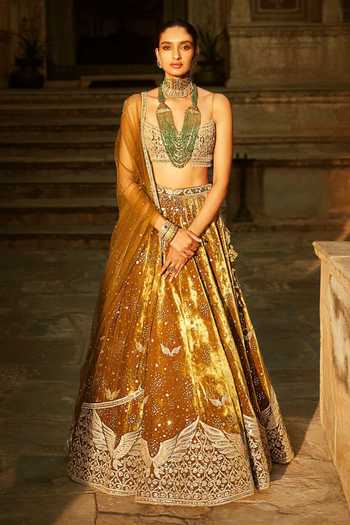 MATSYA Burnt Sunset Green Velvet Winged Lehenga Set