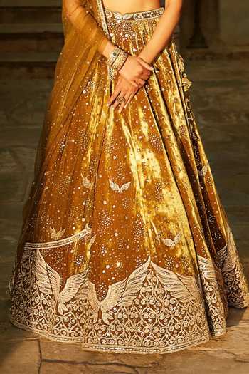 Shop MATSYA Yellow Velvet Sweetheart Neck Burnt Sunset Green Winged Lehenga Set Online at Aza Fashions Shop_MATSYA_Yellow Velvet Sweetheart Neck Burnt Sunset Green Winged Lehenga Set _Online_at_Aza_Fashions