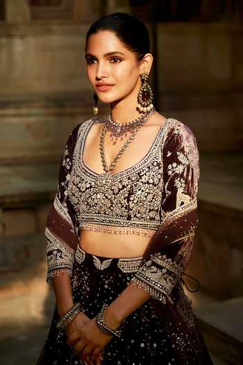 MATSYA Wine Velvet Scoop Neck The Temple Night Sky Embroidered Lehenga Set Online at Aza Fashions MATSYA_Wine Velvet Scoop Neck The Temple Night Sky Embroidered Lehenga Set _Online_at_Aza_Fashions