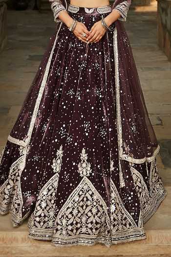 Buy MATSYA Wine Velvet Scoop Neck The Temple Night Sky Embroidered Lehenga Set Online at Aza Fashions Buy_MATSYA_Wine Velvet Scoop Neck The Temple Night Sky Embroidered Lehenga Set _Online_at_Aza_Fashions