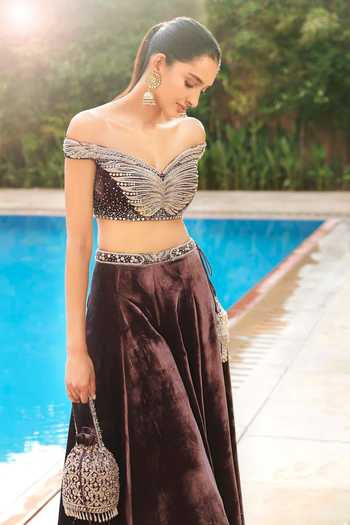 MATSYA Wine Velvet Off-shoulder Masai Winged Night Sky Sharara Set Online at Aza Fashions MATSYA_Wine Velvet Off-shoulder Masai Winged Night Sky Sharara Set _Online_at_Aza_Fashions