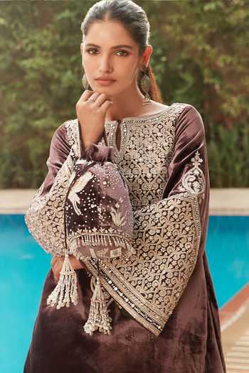 Buy MATSYA Wine Velvet Keyhole Neck Royal Persian Temple Kurta And Sharara Set Online at Aza Fashions Buy_MATSYA_Wine Velvet Keyhole Neck Royal Persian Temple Kurta And Sharara Set _Online_at_Aza_Fashions