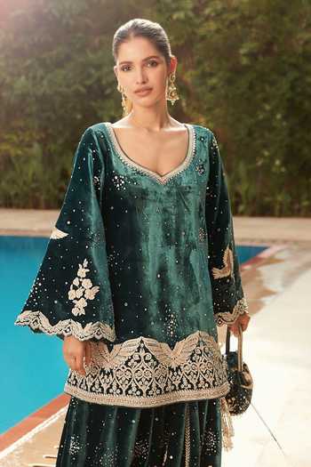 MATSYA Teal Velvet Scoop Neck The Winged Masai Kurta And Sharara Set Online at Aza Fashions MATSYA_Teal Velvet Scoop Neck The Winged Masai Kurta And Sharara Set _Online_at_Aza_Fashions