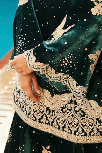 Buy MATSYA Teal Velvet Scoop Neck The Winged Masai Kurta And Sharara Set Online at Aza Fashions Buy_MATSYA_Teal Velvet Scoop Neck The Winged Masai Kurta And Sharara Set _Online_at_Aza_Fashions