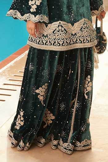 Shop MATSYA Teal Velvet Scoop Neck The Winged Masai Kurta And Sharara Set Online at Aza Fashions Shop_MATSYA_Teal Velvet Scoop Neck The Winged Masai Kurta And Sharara Set _Online_at_Aza_Fashions