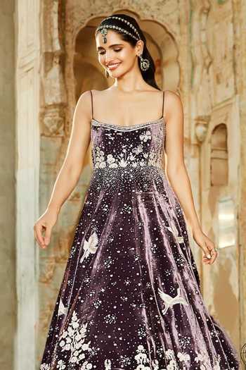 MATSYA Wine Velvet Embroidery, Crystals Square Neck Royal Masai Gown Online at Aza Fashions MATSYA_Wine Velvet Embroidery, Crystals Square Neck Royal Masai Gown _Online_at_Aza_Fashions