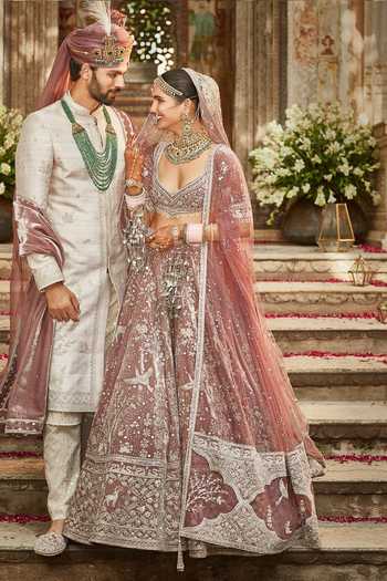 Buy MATSYA Pink Velvet Sweetheart Neck The French Rose Tales Of Masai Bridal Lehenga Set Buy_MATSYA_Pink Velvet Sweetheart Neck The French Rose Tales Of Masai Bridal Lehenga Set