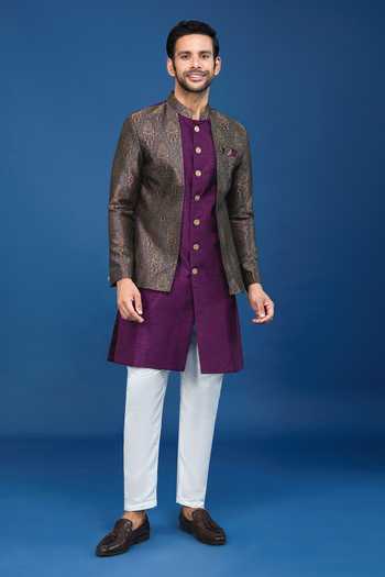 Arihant Rai Sinha_Purple Silk, Polyester, Viscose Embroidery Floral Woven Sherwani Set _Online_at_Aza_Fashions