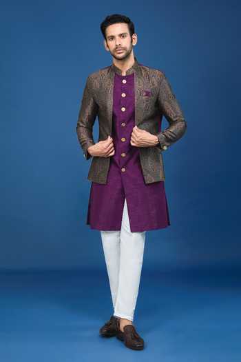 Buy_Arihant Rai Sinha_Purple Silk, Polyester, Viscose Embroidery Floral Woven Sherwani Set _Online_at_Aza_Fashions