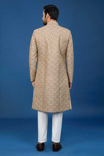 Shop Arihant Rai Sinha Gold Silk, Polyester, Viscose Embroidery Mughal Sherwani Set at Aza Fashions Shop_Arihant Rai Sinha_Gold Silk, Polyester, Viscose Embroidery Mughal Sherwani Set _at_Aza_Fashions
