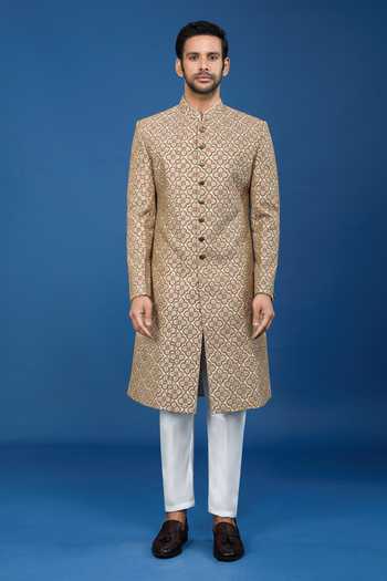 Buy Arihant Rai Sinha Gold Silk, Polyester, Viscose Embroidery Mughal Sherwani Set Online at Aza Fashions Buy_Arihant Rai Sinha_Gold Silk, Polyester, Viscose Embroidery Mughal Sherwani Set _Online_at_Aza_Fashions