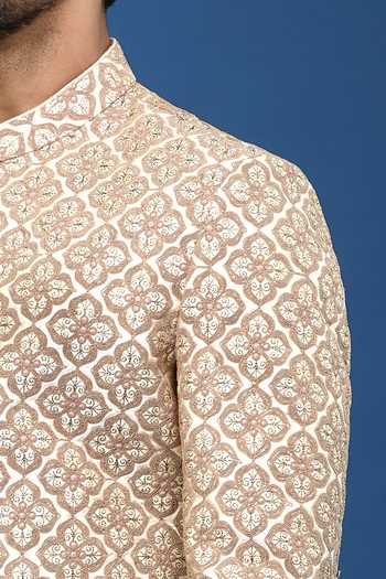 Shop Arihant Rai Sinha Gold Silk, Polyester, Viscose Embroidery Mughal Sherwani Set Online at Aza Fashions Shop_Arihant Rai Sinha_Gold Silk, Polyester, Viscose Embroidery Mughal Sherwani Set _Online_at_Aza_Fashions