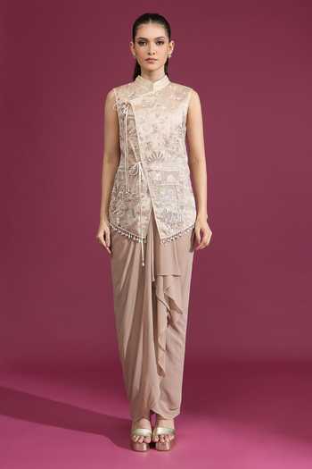 Tarun Tahiliani Embroidered Taupe Wrap Gilet