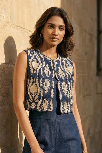 Buy Aditi Somani Blue Denim Round Neck Straight Leg Jumpsuit Online at Aza Fashions Buy_Aditi Somani_Blue Denim Round Neck Straight Leg Jumpsuit _Online_at_Aza_Fashions