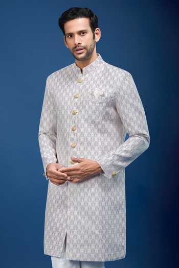 Shop_Arihant Rai Sinha_Purple Jacquard, Polyester, Viscose Paisley Pattern Sherwani Set _Online_at_Aza_Fashions