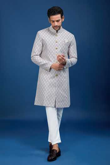 Arihant Rai Sinha_Purple Jacquard, Polyester, Viscose Paisley Pattern Sherwani Set _Online_at_Aza_Fashions