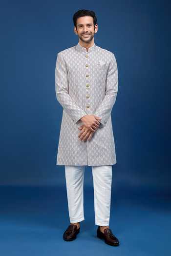 Buy_Arihant Rai Sinha_Purple Jacquard, Polyester, Viscose Paisley Pattern Sherwani Set _Online_at_Aza_Fashions
