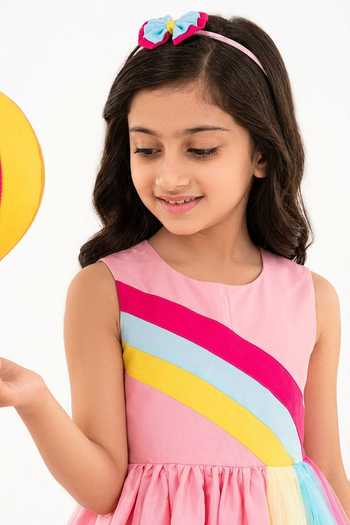 A Little Fable Pink Polyester Rainbow Fun Dress Online at Aza Fashions A Little Fable_Pink Polyester Rainbow Fun Dress _Online_at_Aza_Fashions