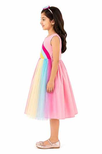 Buy A Little Fable Pink Polyester Rainbow Fun Dress Online at Aza Fashions Buy_A Little Fable_Pink Polyester Rainbow Fun Dress _Online_at_Aza_Fashions
