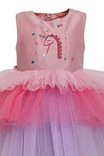 A Little Fable_Peach Polyester Rose Magnificent Unicorn Dress _Online_at_Aza_Fashions