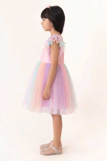 A Little Fable Pink Polyester Rainbow Hearts Dress Online at Aza Fashions A Little Fable_Pink Polyester Rainbow Hearts Dress _Online_at_Aza_Fashions