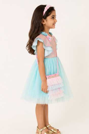 A Little Fable Blue Polyester Glitter Rose Dress Online at Aza Fashions A Little Fable_Blue Polyester Glitter Rose Dress _Online_at_Aza_Fashions