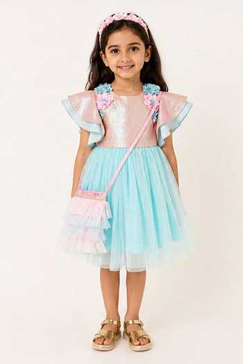 A Little Fable Blue Glitter Rose Dress 