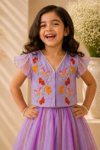 LA Dee DA Purple Silk, Organza, Bemberg Titli Hand-embroidered Lehenga And Blouse Set Online at Aza Fashions LA Dee DA_Purple Silk, Organza, Bemberg Titli Hand-embroidered Lehenga And Blouse Set _Online_at_Aza_Fashions