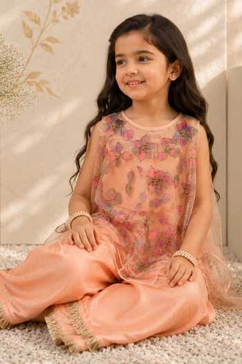 LA Dee DA Peach Silk, Net, Bemberg Fringe Blossom 3d Cape And Palazzo Set Online at Aza Fashions LA Dee DA_Peach Silk, Net, Bemberg Fringe Blossom 3d Cape And Palazzo Set _Online_at_Aza_Fashions