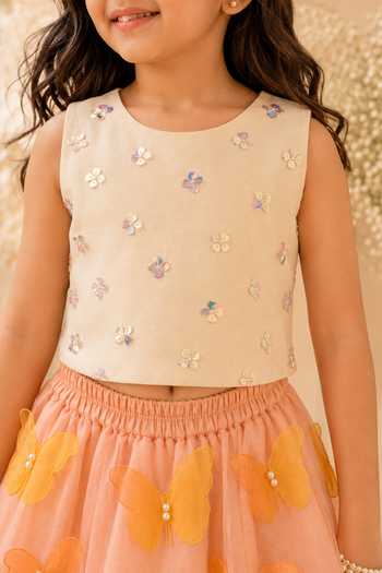 LA Dee DA Ivory Silk, Organza, Flutterby Sequin Crop Top And 3d Butterfly Lehenga Set Online at Aza Fashions LA Dee DA_Ivory Silk, Organza, Flutterby Sequin Crop Top And 3d Butterfly Lehenga Set _Online_at_Aza_Fashions