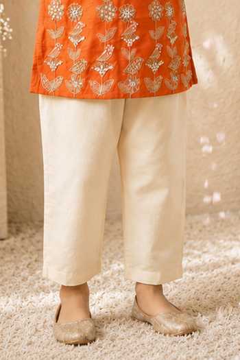 LA Dee DA Orange Bemberg, Silk Vasant Bird And Garden Embroidered Kurta With Pant Online at Aza Fashions LA Dee DA_Orange Bemberg, Silk Vasant Bird And Garden Embroidered Kurta With Pant _Online_at_Aza_Fashions