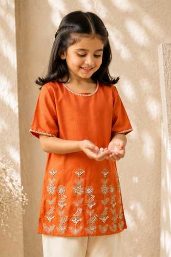 Buy LA Dee DA Orange Bemberg, Silk Vasant Bird And Garden Embroidered Kurta With Pant Online at Aza Fashions Buy_LA Dee DA_Orange Bemberg, Silk Vasant Bird And Garden Embroidered Kurta With Pant _Online_at_Aza_Fashions