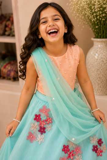 LA Dee DA Peach Silk, Organza, Chanderi, Sakura Pearl Embroidered Blouse Lehenga Set Online at Aza Fashions LA Dee DA_Peach Silk, Organza, Chanderi, Sakura Pearl Embroidered Blouse Lehenga Set _Online_at_Aza_Fashions
