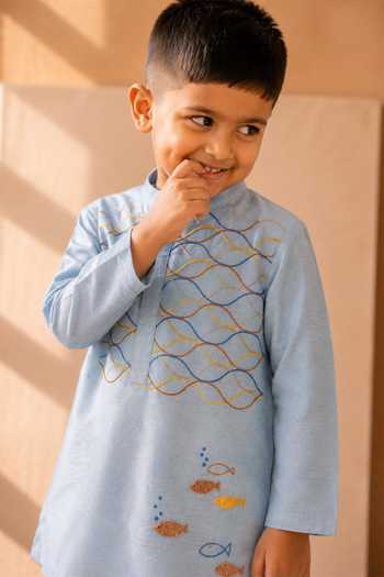 LA Dee DA Sky Blue Silk, Bemberg Oceane Wave And Fish Embroidered Kurta Set Online at Aza Fashions LA Dee DA_Sky Blue Silk, Bemberg Oceane Wave And Fish Embroidered Kurta Set _Online_at_Aza_Fashions