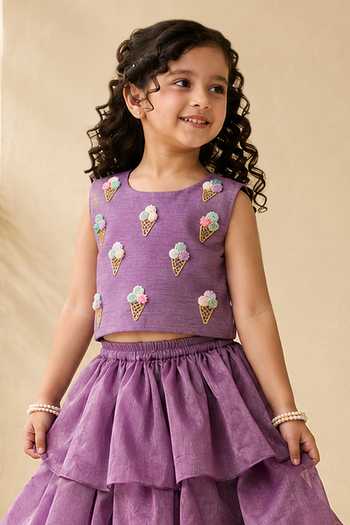 LA Dee DA Purple Silk, Bemberg, Tutti Ice Cream Embroidered Blouse And Lehenga Set Online at Aza Fashions LA Dee DA_Purple Silk, Bemberg, Tutti Ice Cream Embroidered Blouse And Lehenga Set _Online_at_Aza_Fashions