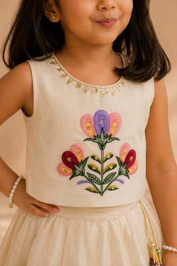 LA Dee DA Ivory Silk, Tissue, Bemberg Folklore Embroidered Blouse And Lehenga Set Online at Aza Fashions LA Dee DA_Ivory Silk, Tissue, Bemberg Folklore Embroidered Blouse And Lehenga Set _Online_at_Aza_Fashions
