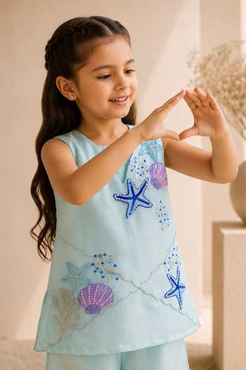 LA Dee DA Blue Silk, Bemberg Coral Embroidered Kurta And Palazzo Set Online at Aza Fashions LA Dee DA_Blue Silk, Bemberg Coral Embroidered Kurta And Palazzo Set _Online_at_Aza_Fashions