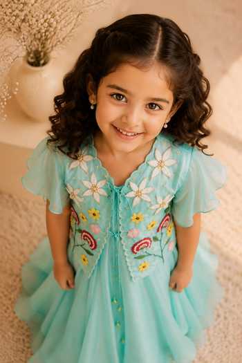 LA Dee DA Blue Organza, Chanderi Meadow Embroidered Jacket And Anarkali Set Online at Aza Fashions LA Dee DA_Blue Organza, Chanderi Meadow Embroidered Jacket And Anarkali Set _Online_at_Aza_Fashions