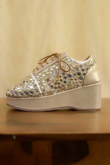 Buy_Around Always_Gold Aaina Mirrorwork Sneaker Wedges _Online_at_Aza_Fashions