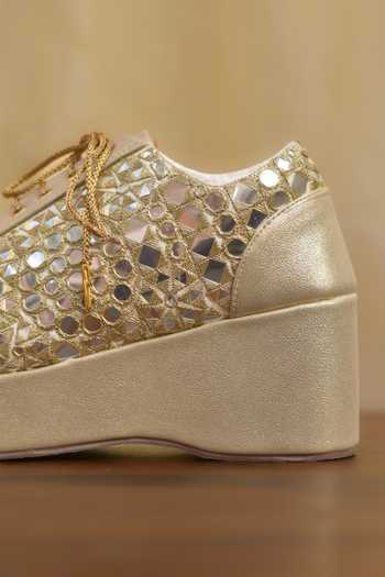 Shop_Around Always_Gold Aaina Mirrorwork Sneaker Wedges _Online_at_Aza_Fashions