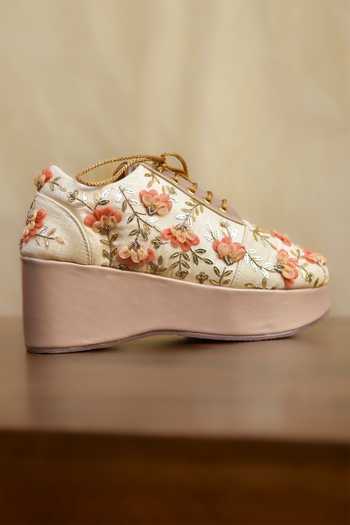 Shop Around Always Ivory Joshika 3d Floral Embroidered Sneaker Wedges Online at Aza Fashions Shop_Around Always_Ivory Joshika 3d Floral Embroidered Sneaker Wedges _Online_at_Aza_Fashions