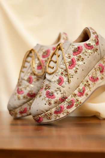 Buy Around Always Beige Daisy Embroidered Wedge Sneakers Online at Aza Fashions Buy_Around Always_Beige Daisy Embroidered Wedge Sneakers _Online_at_Aza_Fashions